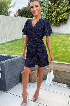 Navy And Pink Printed Short Sleeve Gathered Mini Dress