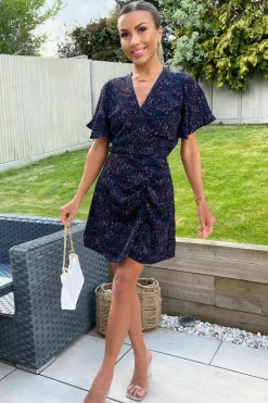Navy And Pink Printed Short Sleeve Gathered Mini Dress