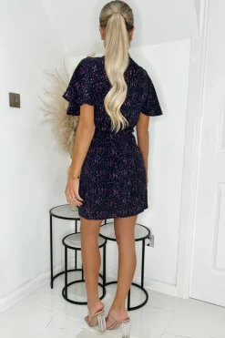 Navy And Pink Printed Short Sleeve Gathered Mini Dress
