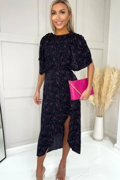 Navy And Pink Printed Wrap Skirt Midi Dress