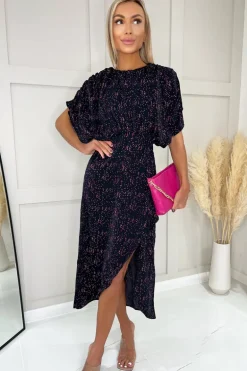Navy And Pink Printed Wrap Skirt Midi Dress