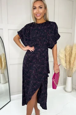 Navy And Pink Printed Wrap Skirt Midi Dress