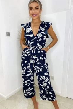 Navy And White Floral Wrap Front Belted Jumpsuit