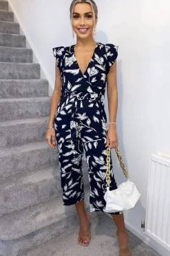 Navy And White Floral Wrap Front Belted Jumpsuit