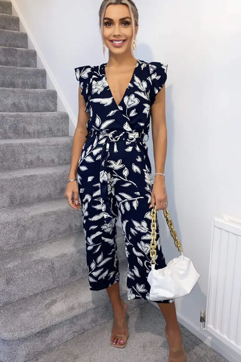 Navy And White Floral Wrap Front Belted Jumpsuit