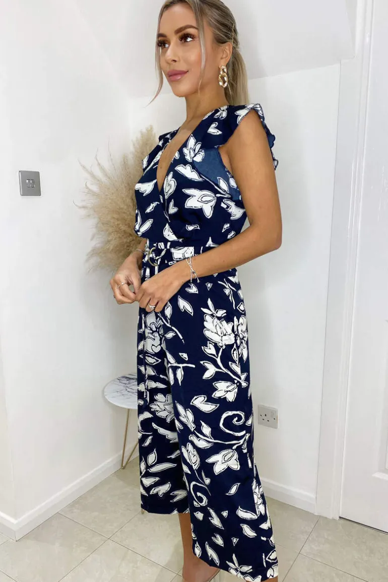 Navy And White Floral Wrap Front Belted Jumpsuit