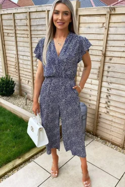 Navy and White Printed Wrap Over Frill Sleeve Jumpsuit