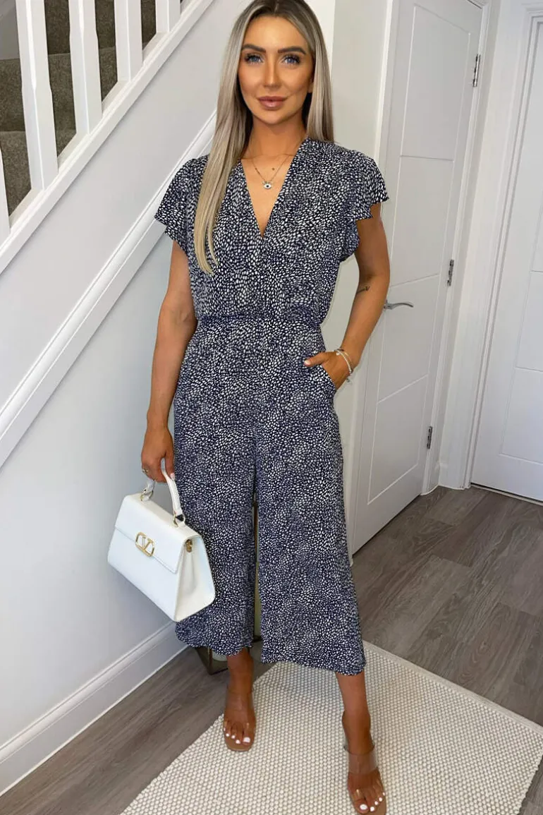 Navy and White Printed Wrap Over Frill Sleeve Jumpsuit