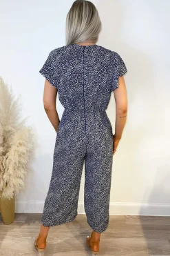 Navy and White Printed Wrap Over Frill Sleeve Jumpsuit