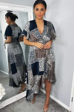 Navy Animal Print Patchwork Wrap Midi Dress