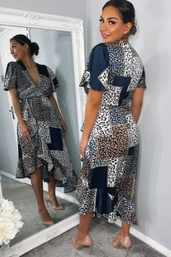 Navy Animal Print Patchwork Wrap Midi Dress
