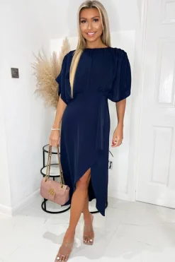 Navy Batwing Top Wrap Skirt Midi Dress