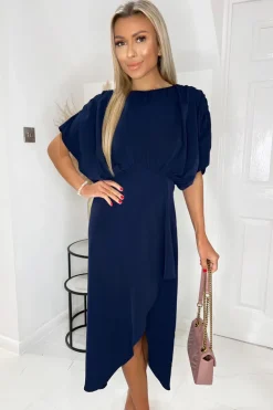 Navy Batwing Top Wrap Skirt Midi Dress
