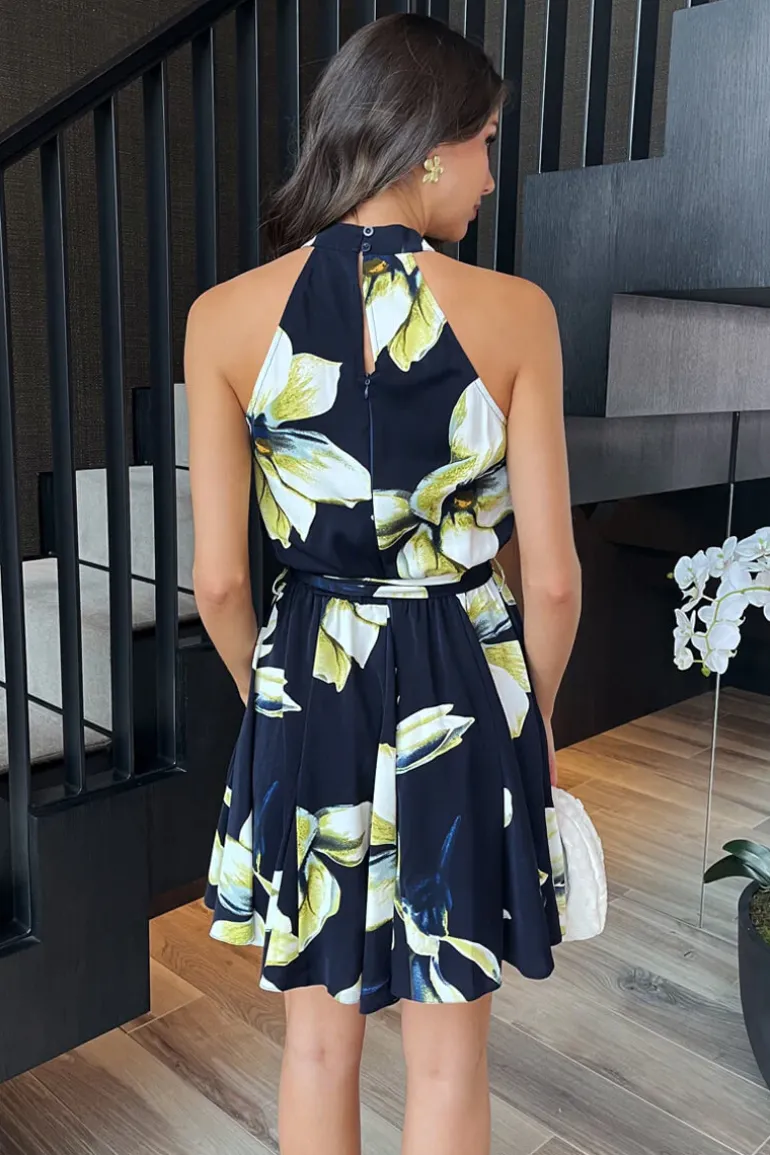 Navy Floral Print Halter Neck Tie Waist Mini Dress