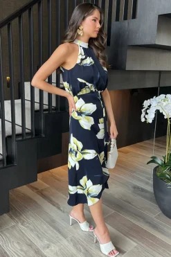 Navy Floral Print Halter Neck Dipped Hem Midi Dress