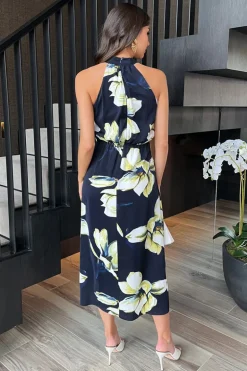 Navy Floral Print Halter Neck Dipped Hem Midi Dress