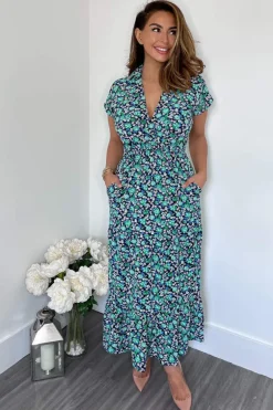 Navy Floral Print Short Sleeved V-Neck Midi Smock Dress