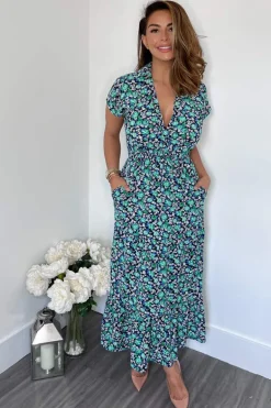 Navy Floral Print Short Sleeved V-Neck Midi Smock Dress