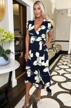 Navy Floral Print Short Sleeve Belted Wrap Midi Dress