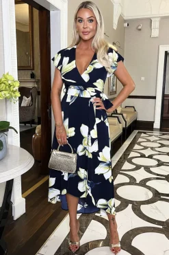 Navy Floral Print Short Sleeve Belted Wrap Midi Dress