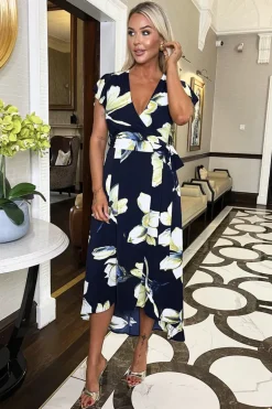 Navy Floral Print Short Sleeve Belted Wrap Midi Dress