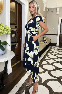 Navy Floral Print Short Sleeve Belted Wrap Midi Dress