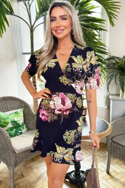Navy Floral Print Wrap Front Smock Mini Dress