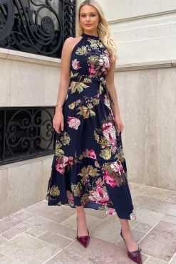 Navy Floral Printed High Neck Tie Belt Midi Dress
