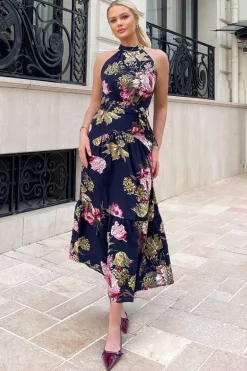Navy Floral Printed High Neck Tie Belt Midi Dress