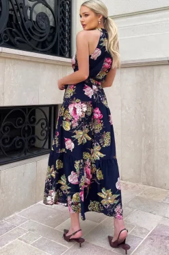 Navy Floral Printed High Neck Tie Belt Midi Dress
