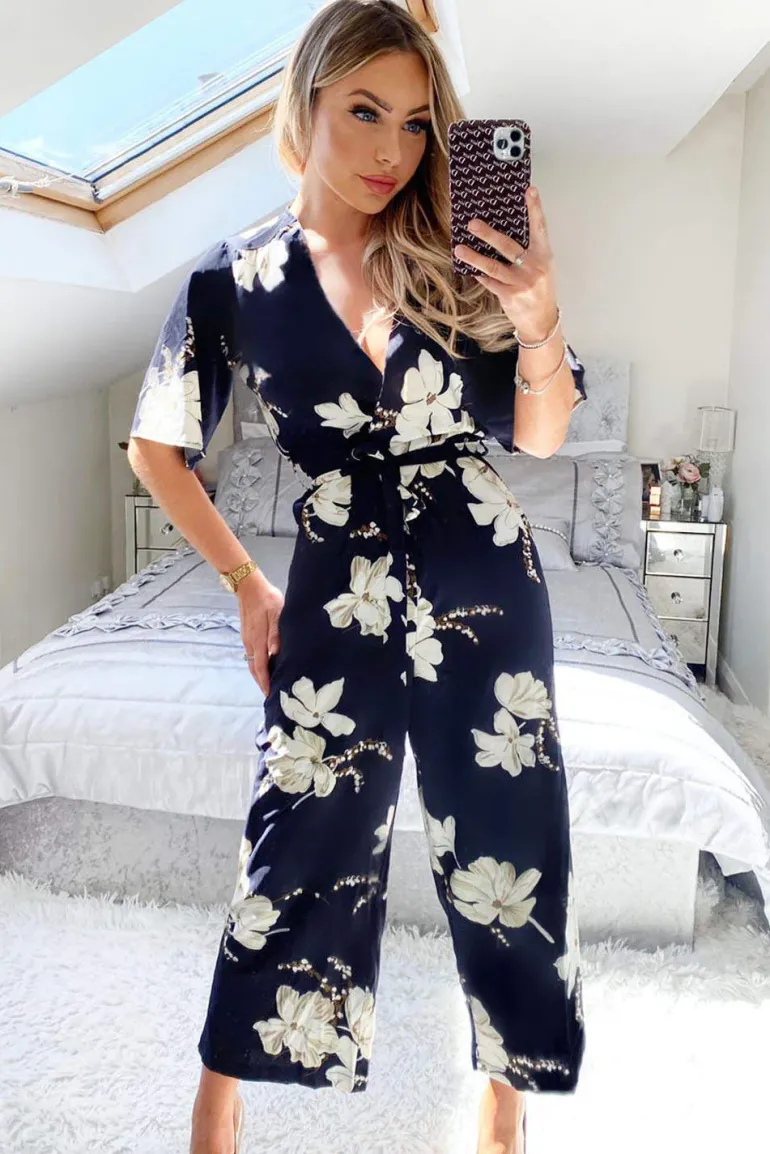 Navy Floral Wrap Culotte Jumpsuit