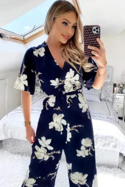 Navy Floral Wrap Culotte Jumpsuit