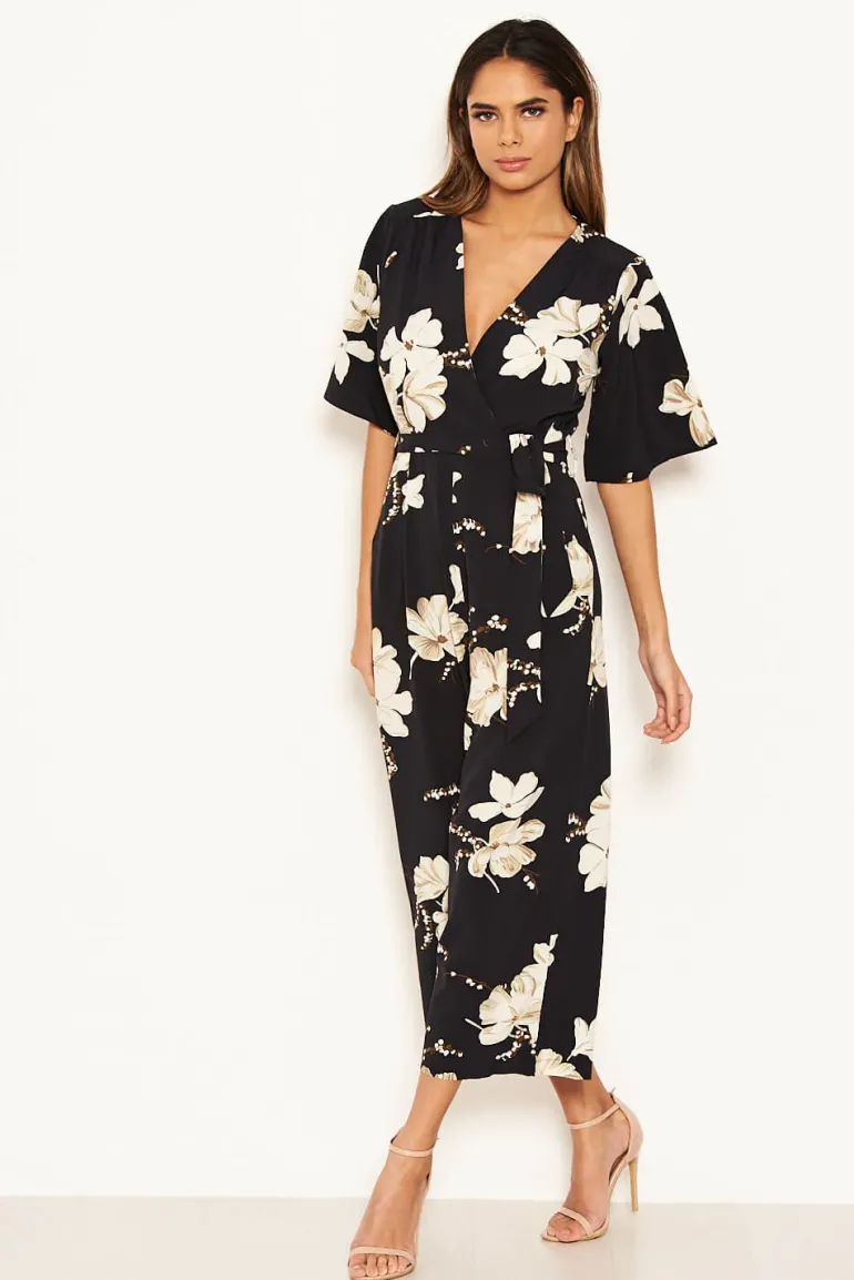 Navy Floral Wrap Culotte Jumpsuit