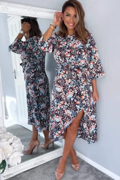 Navy Floral Wrap Tie Front Midi Dress