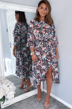 Navy Floral Wrap Tie Front Midi Dress