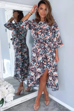 Navy Floral Wrap Tie Front Midi Dress
