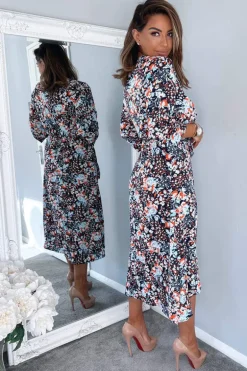Navy Floral Wrap Tie Front Midi Dress