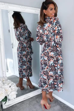 Navy Floral Wrap Tie Front Midi Dress