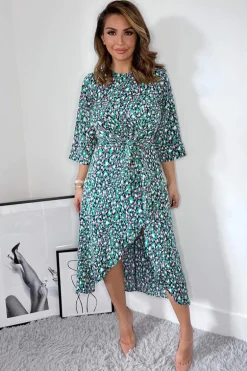 Navy Green And Pink Printed Wrap Tie Front Midi Dress