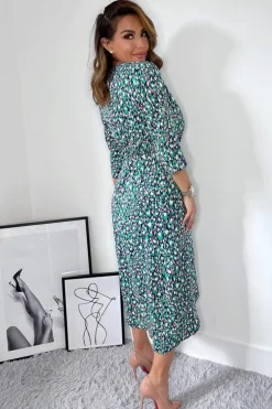 Navy Green And Pink Printed Wrap Tie Front Midi Dress