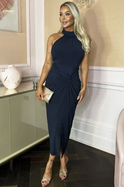 Navy Halter Neck Knot Skirt Midi Dress