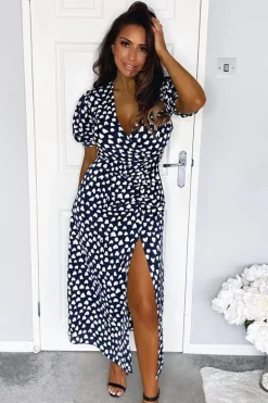 Navy Heart Print Short Sleeve Midi Dress