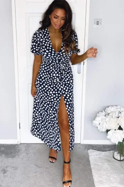 Navy Heart Print Short Sleeve Midi Dress