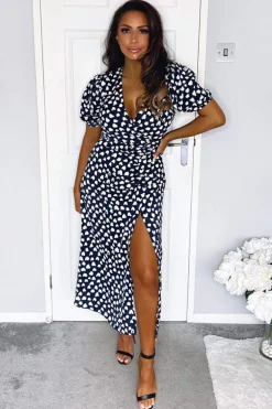 Navy Heart Print Short Sleeve Midi Dress
