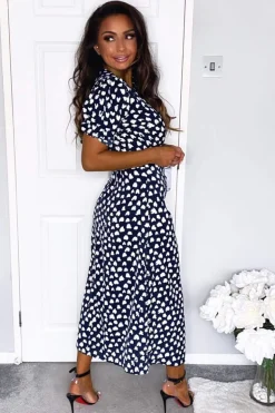 Navy Heart Print Short Sleeve Midi Dress