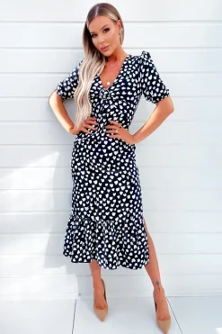 Navy Heart Printed Hoop Knot Short Sleeve Midi Dress