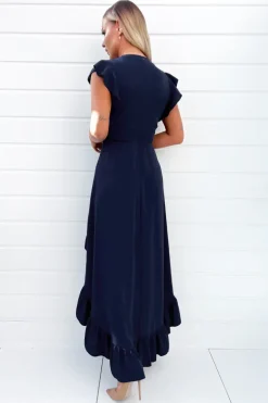 Navy High Low Frill Hem V Neck Midi Dress