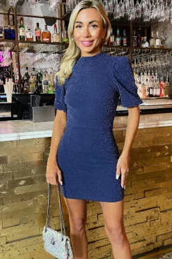 Navy High Neck Glitter Mini Dress
