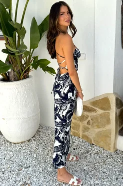 Navy Leaf Print Strappy Tie Back Slip Midi Dress