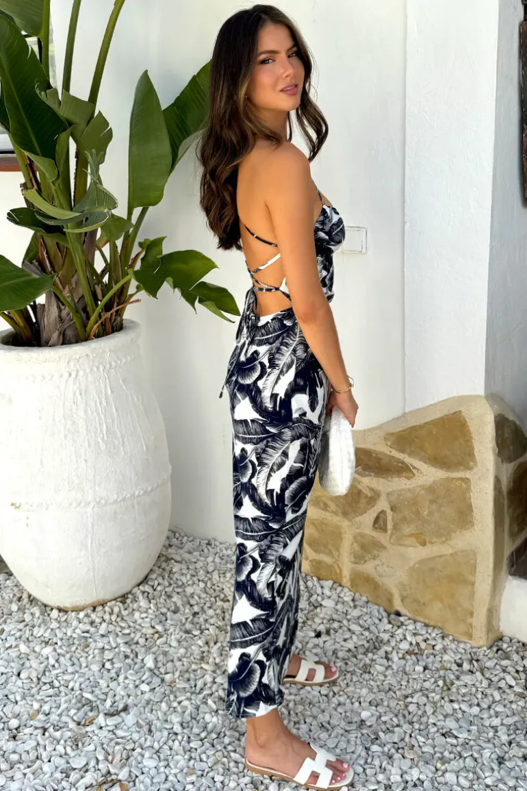 Navy Leaf Print Strappy Tie Back Slip Midi Dress
